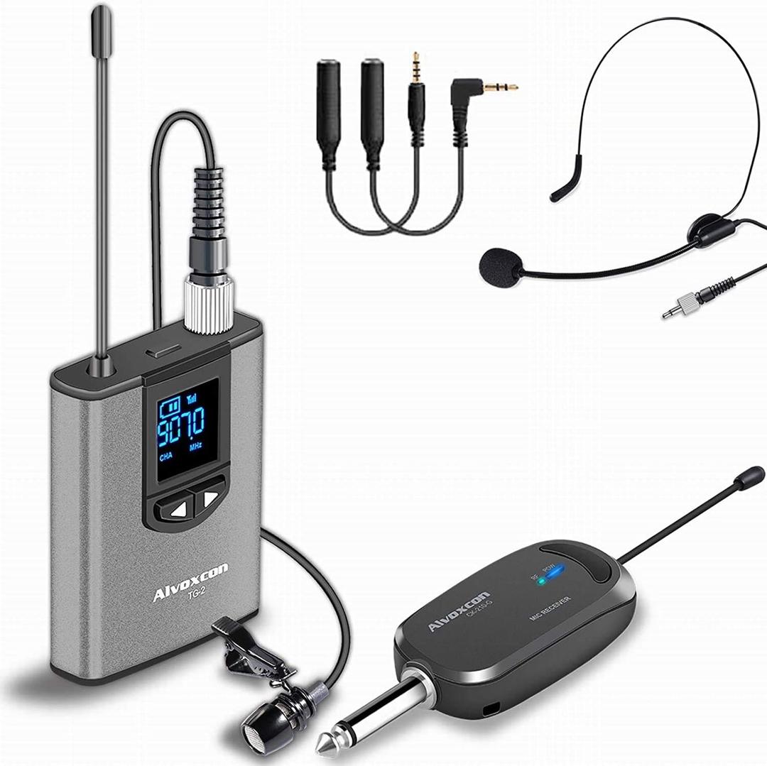 Alvoxcon Wireless Headset Lavalier Microphone System Wireless Lapel Mic Best for iPhone, DSLR Camera, PA Speaker, YouTube, Podcast, Video Recording, Conference, Vlogging, Church, Interview, Teaching (Gray)