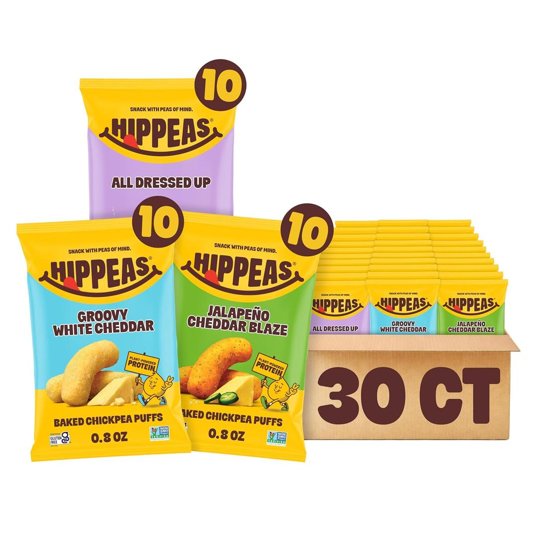Hippeas Chickpea Puffs, Variety Pack, Groovy White Cheddar, Jalapeño Cheddar, All Dressed, 30 x 0.8 oz, Baked Crunchy Chickpea Snacks, 3g Plant Protein, 2g Fiber & 50% Less Fat, Dairy & Gluten Free (Best By: 02/21/27)