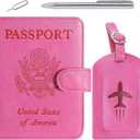 Passport Holder With Luggage Tag Cover Wallet RFID Blocking Leather Case Travel Essentials Accessories Travel Must Have(114#Pink)