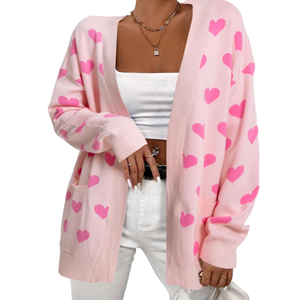 Heart Cardigan Sweater for Women Oversized Valentine Cardigan Cute Love Print Open Front Knit Sweaters Coat with Pockets, Size M