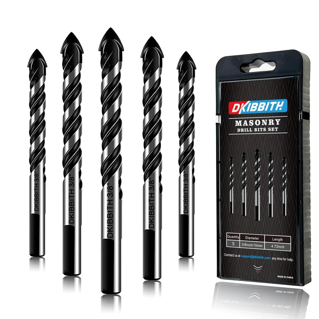 5-Piece 3/8 Masonry Drill Bits for Tile Glass Ceramic Wall Brick Stone Soft-Metal Wood, 3/8 Inch Concrete Drill Bits Cement Drill Bit Set, 3-Flat Shank, YG8 Carbide Tungsten Steel Alloy Tip 10mm