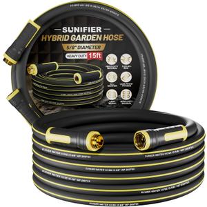 Hybrid Rubber Garden Hose 5/8 Inch, 15 ft Heavy Duty Kink-Free Water Hose, 3-Layer Reinforced, 600 PSI Burst Pressure, Water Safe, All-Weather Flexible Hoses for Yard, Lawn (Black,15 ft)