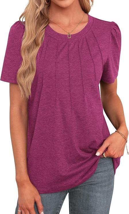 Agnes Urban Womens Tops Dressy Casual Short Sleeve Shirts Summer Loose T Shirts Trendy Tops Pleated Tunic Blouses 2XL