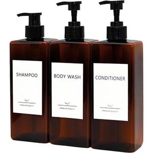 Shampoo and Conditioner Dispenser Set, 3Pack Refillable Shampoo and Conditioner Bottles with Labels, 500ml Soap Dispenser 16.9oz Shower Dispenser Square Pump Bottle for Bathroom and Kitchen - Amber