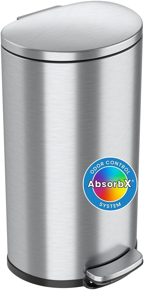 iTouchless SoftStep 8 Gallon Kitchen Step Trash Can with Odor Filter & Removable Inner Bucket, Stainless Steel, 30 Liter Semi-Round Pedal Garbage Bin for Bedroom, Bathroom, Home, Office, Quiet Lid