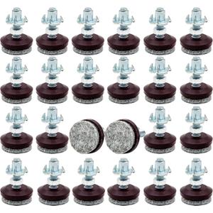 24 Pack Adjustable Furniture Leveling Feet, 1/4-20 Threaded Stem, Integrated Felt Pads for Hardwood Floors, Fit Table Chair Cabinet Sofa Legs, Brown Base with Gray Felt
