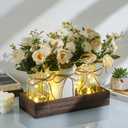 3 Pcs Mason Jar Centerpiece Table Decorations for Dining Table Decor Farmhouse Coffee Table Decor with Wood Tray and Led Light Table Centerpieces for Dining room Kitchen Living Bathroom, White