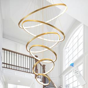 Modern LED Chandelier High Ceiling 6 Ring Gold Chandeliers with Remote Control Dimmable Large Contemporary Ceiling Pendant Light for Foyer Living Room 3000K-6000K Selectable
