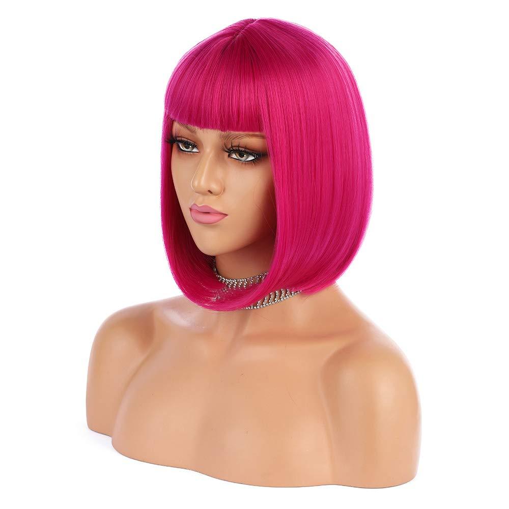 ENilecor Short Bob Hair Wigs 12" Straight with Flat Bangs Synthetic Colorful Cosplay Daily Party Wig for Women Natural As Real Hair+ Free Wig Cap(Rose Hot Pink)