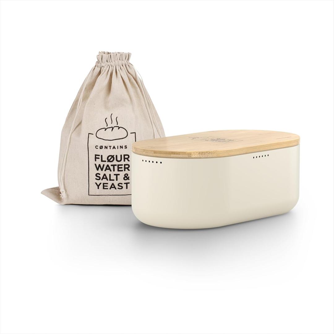 LARS NYSM Bread Box I Metal Box with linen bag for long lasting freshness I Bread Bin with bamboo lid usable as cutting board I 14.2x7.5x5.1 In (Almond Beige)