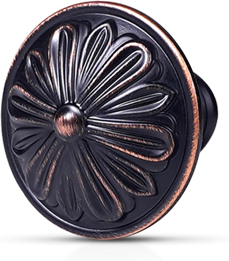 Oil Rubbed Bronze Cabinet Knobs 4 Pack - Solid Heavy Duty,Flower Pattern - Bronze Knobs for Kitchen Cabinets and Drawers,Single Drawer Pulls for Dresser,Bathroom Cabinets