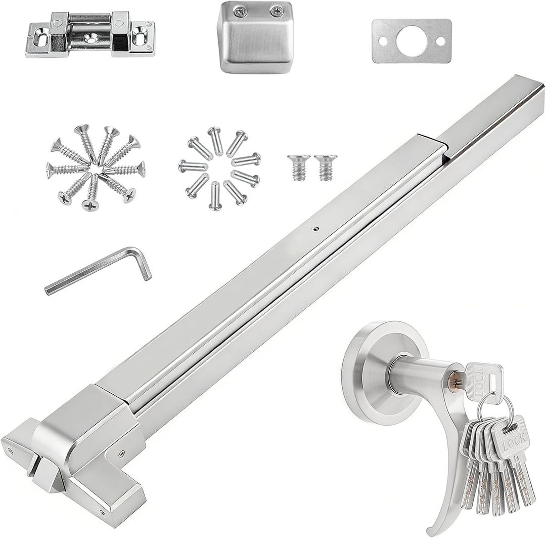 Push Bar Door Lock with 6 Keys, 31 Inch Emergency Exit Door Hardware with Handle, Aluminum Commercial Push Bar Panic Exit Device Fits 31"-47" Wood & Metal Doors, Left/Right Compatible