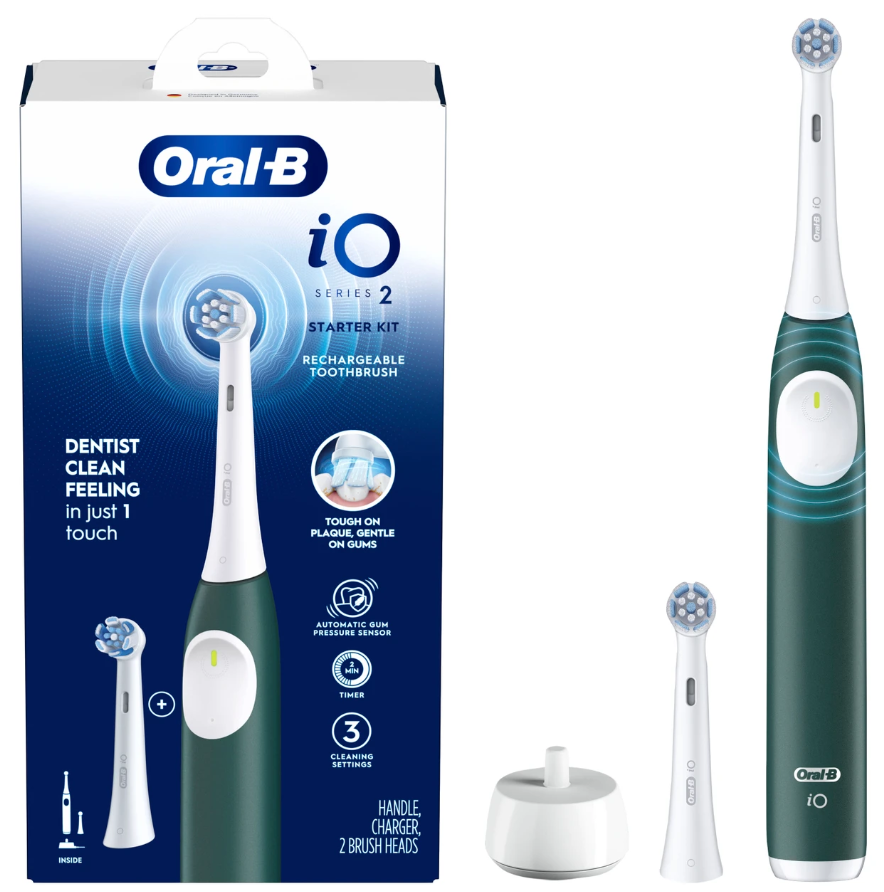 OralB Rechargeable Electric Toothbrush, iO2 Starter Kit, 3 Cleaning Modes, Automatic Pressure Sensor to Protect Gums, 2 Brush Heads, Forest Green