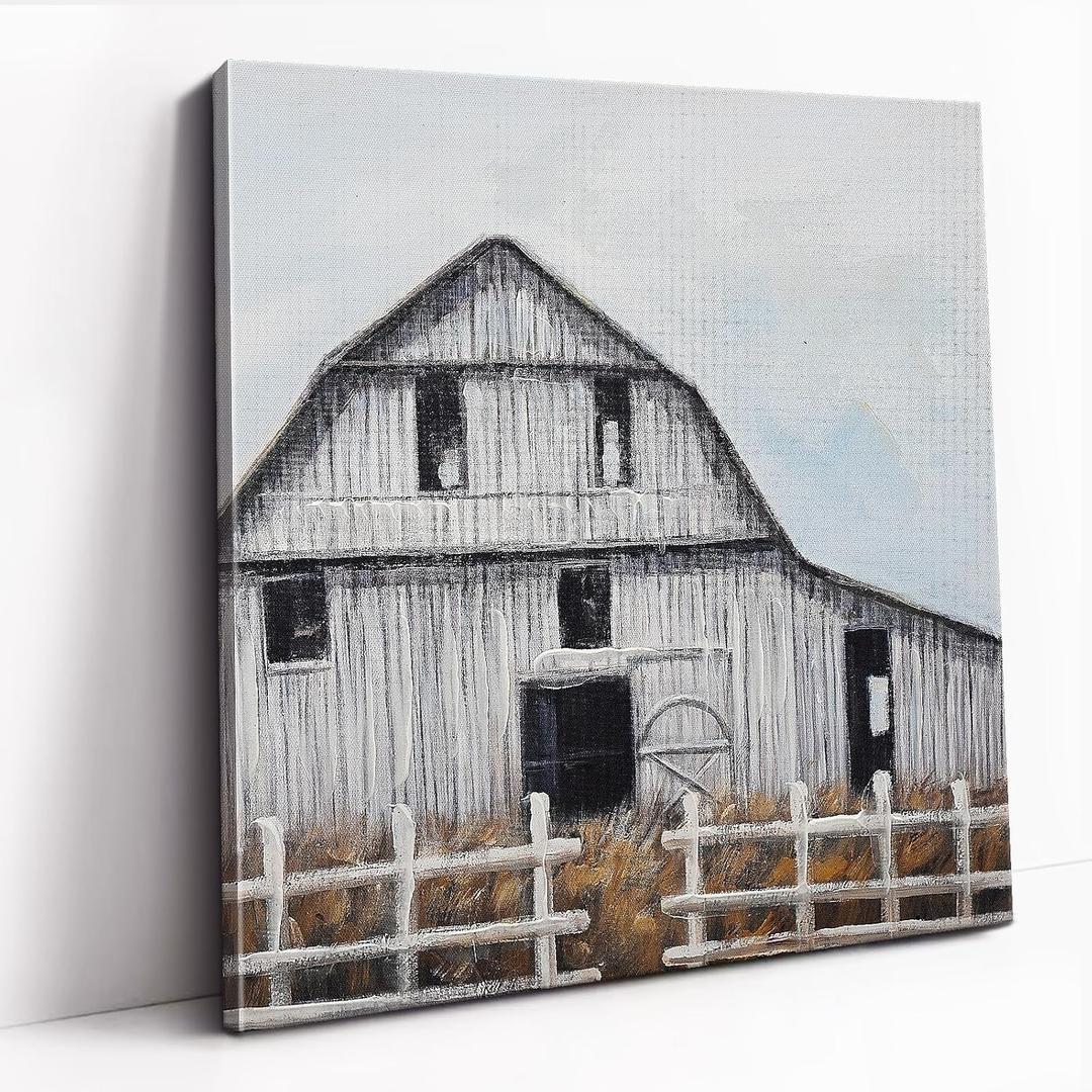 Poemwish Country Wall Art, Realistic Country Wall Decor, Canvas Wall Art in Weathered White and Brown, Pastoral Farm Scene with Wooden Fence, 16L"×16W"