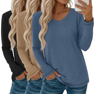 Oakgarden 3 Pack Women's Long Sleeve T Shirts, Casual V Neck Tops Loose Fit Basic Tees Soft Fall Tee Shirts 2025, Small