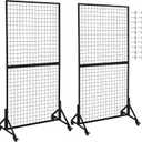2 Packs 3' x 6' Grid Wall Panels Display Stand with Wheels, Heavy Duty Wire Grid Wall Rack for Retail, Craft Fairs & Art Shows, Mobile Floor Standing Fixture with 20 Hooks, Black