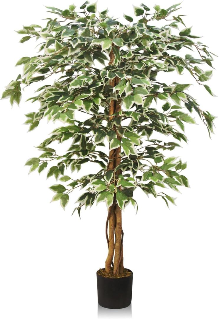 Artificial Ficus Tree, 5FT Tall Fake Tree Indoor, Lifelike Faux Ficus Tree with Natural Wood Trunks Branch Leaves for Home, Office, Living Room, Bedroom, Porch, Garden Outdoor Decor