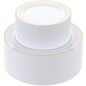 JOLLY CHEF 102 Count Gold Disposable Plastic Plates, Heavyweight Disposable Wedding Plates Set White Party with Gold Rim, Includes 51 Dinner 10" and 51 Dessert 7"