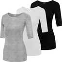 Huukeay 3 Pack Women's Half Sleeve Tops 1/2 Sleeve T-Shirt Womens Basic Round Neck Slim Fit Tight Casual Elbow Summer Tees (Black, White, Gray, Small)