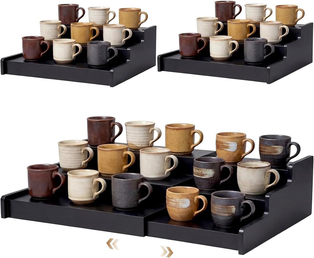 Novabright 2 Pcs 3-Tier Expandable Mug Holder Cabinet,Black | 12.4"-24" Adjustable Width, Coffee Display Shelf, Countertop and Pantry Storage, No Assembly, Space Saving Organizer