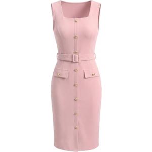Allegra K Work Dress for Women's Sleeveless Square Neck Formal Belted Bodycon Midi Dress Medium