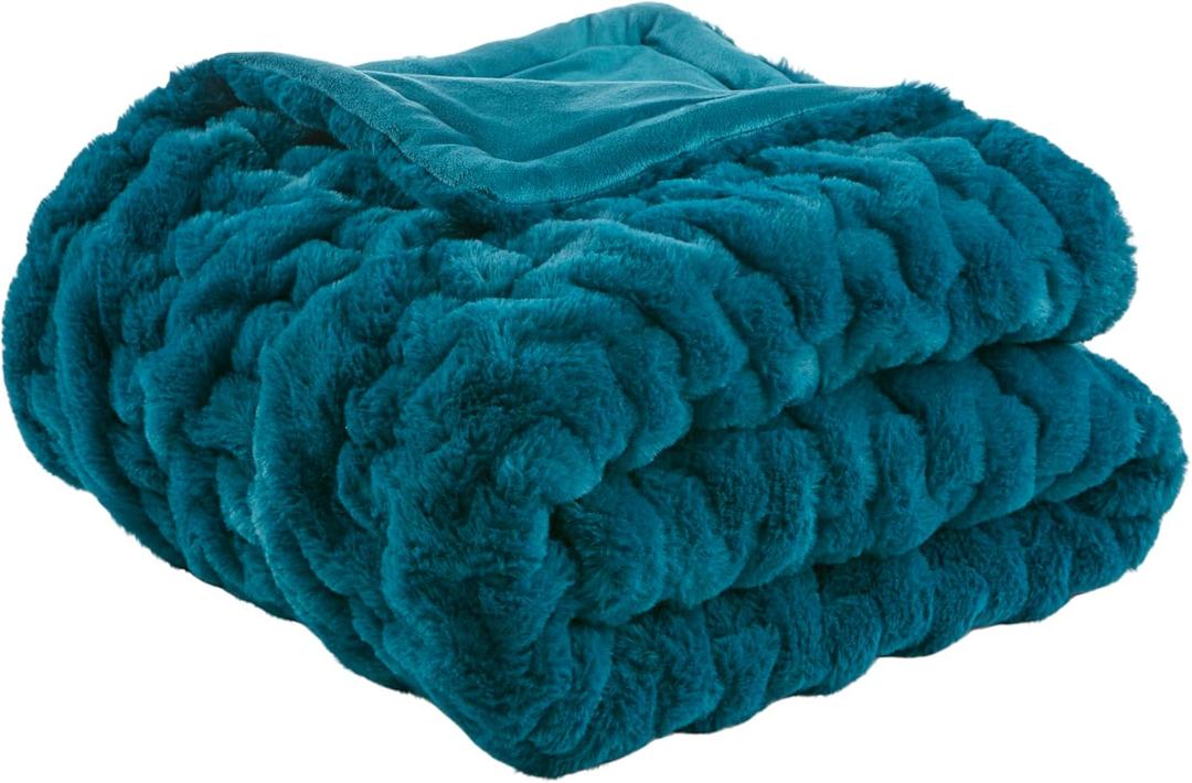 Madison Park Ruched Faux Fur Luxury Throw Teal 50*60 Premium Soft Cozy Brushed Long Faux Fur For Bed, Coach or Sofa