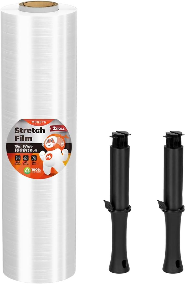 MUNBYN Shrink Wrap, Stretch Wrap with Handles, Stretch Film Roll Industrial Strength, Plastic Wrap for Pallet Wrapping Shipping Moving, 15 Inch x 1000 Ft, 1 Pack, 60 Gauge