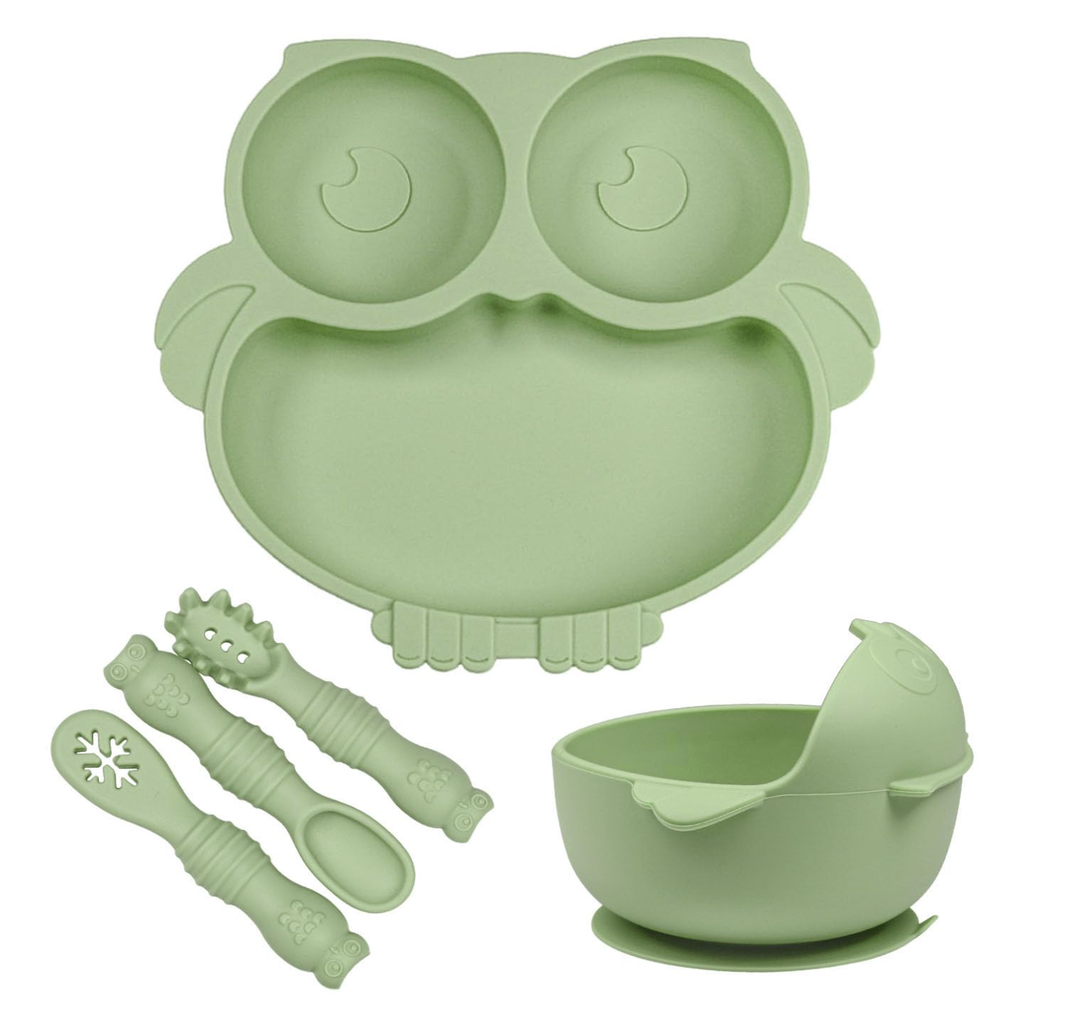 Silicone Baby Plate with Suction, Owl Shape Suction Plate for Toddler Kids, Baby Toddler Divided Dish, Green