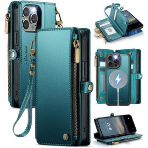 Defencase for iPhone 14 Pro Max Magnetic Wallet Case Compatible with Magsafe with RFID Blocking Zipper Strap Card Holder for Women, PU Leather Detachable Case for iPhone 14 Pro Max (6.7"), Blue Green