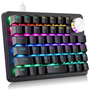 Koolertron One Handed Mechanical Gaming Keyboard, 45-Key Fully Programmable Mini Keypad, Mini USB Macro Keyboard with Rotating Knob, RGB Backlit Red Switches, for Windows PC Gamers