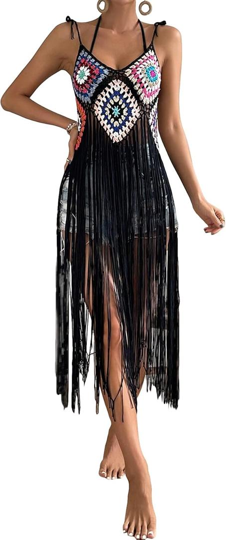 Verdusa Women's Tie Shoulder Halter Fringe Floral Crochet Long Cami Top Cover Up Black, Medium