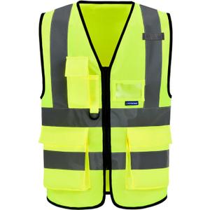 A-SAFETY 7pocket High Visibility Safety Vest Zipper, Construction Vest Reflective Strips ANSI/ISEA Standards for Motorcycle, Running,work, Bicycle Riding Outdoor Activities, Yellow, Size: X-Large
