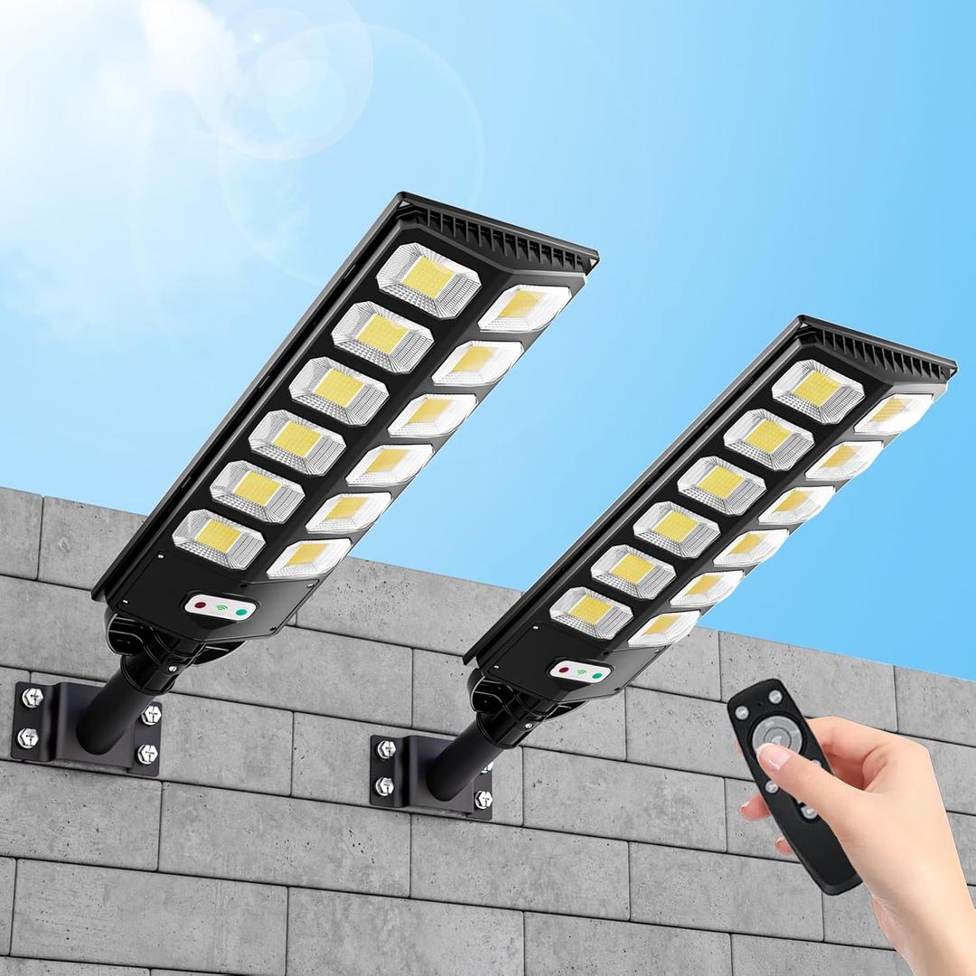 Solar Street Lights Outdoor Waterproof, IP66 15000LM 6500K Solar Flood Lights Dusk to Dawn Wide Angle Motion Sensor and Remote,Upgrade Fixing Rod (2 Pack)