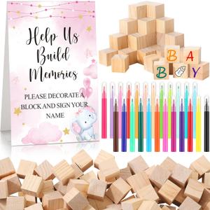 125 Pcs Baby Shower Decorate a Block Game Set Includes Help Us Build Memories Sign 100 DIY Blank Wooden Block 24 Paint Marker Prize for Wedding Baby Shower Game(Pink Elephant)