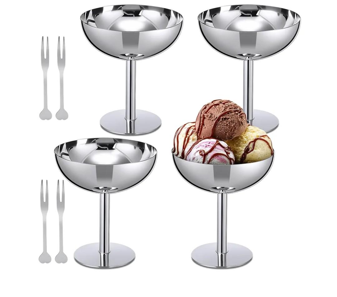 4 Set Ice Cream Cups with Forks, Stainless Steel Footed Bowls 6.7 Oz Serving Dessert Cups Silver Bowl Bulk for Pudding Ice Cream Fruit Summer Party Supplies