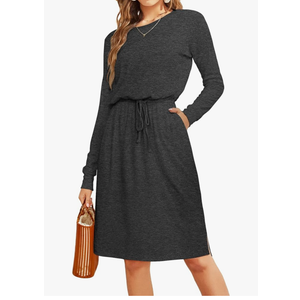 Women Knit Work Casual Pocket Knee Length Travel Dress 2025 Spring Fall Winter Long Sleeve Hide Belly Midi Outfits, Size M