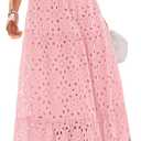 PRETTYGARDEN Summer Dresses for Women 2025 Eyelet Square Neck Puff Sleeve Smocked Wedding Guest Maxi Dress with Pockets (Pink, X-Large)
