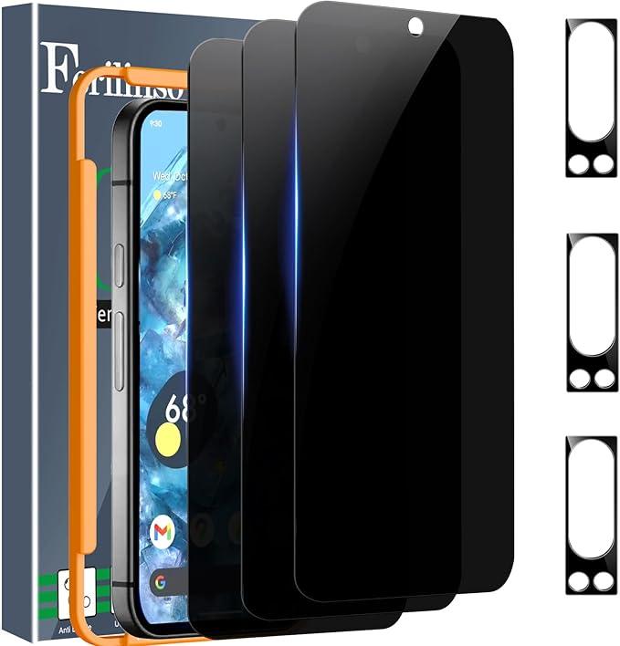 Ferilinso 3 Pack Privacy Screen Protector for Google Pixel 8 Pro with 3 Pack Tempered Glass Camera Lens Protector Phone Case Friendly Accessories Protector de Pantalla for Google Pixel 8 Pro