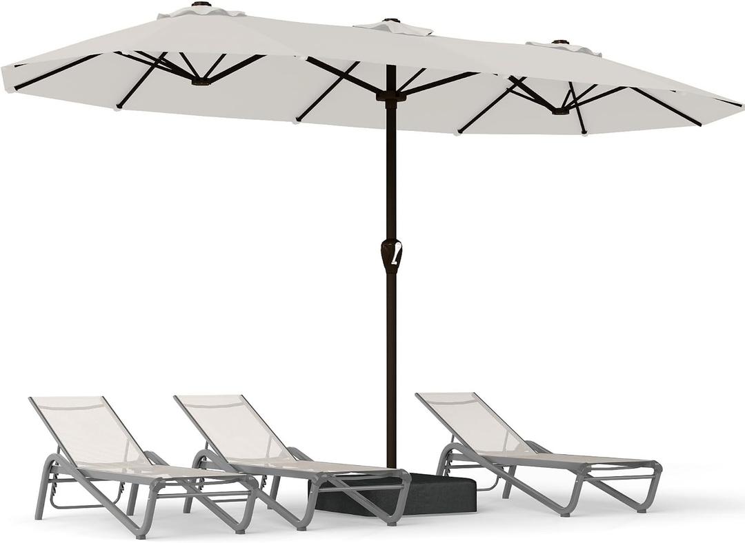 15FT Large Patio Umbrella with Base, Double Sided Rectangular Outdoor Umbrella with Sturdy Fiberglass Ribs, UPF 50+ Sun Protection, Wind-Resistant, Waterproof Fade-Resistant Fabric for Pool, Garden, Backyard, Deck(Creamy-white)