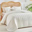 WARMDERN Linen Cotton Quilts Set Queen Size, 100% Cotton White Quilt Bedspreads with Box Stitched, 3 Pieces Soft Lightweight Bedspreads Coverlet with 2 Pillow Shams for All Season, Cream White, 90x96