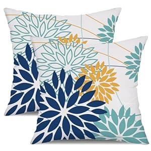 Dark Blue and Light Green Floral Pillow Covers 16x16 Set of 2 Outdoor Pillows Covers Waterproof Summer Pillowcovers Polyester Cushion Case Decor for Couch Patio Funiture Garden Porch 01T16
