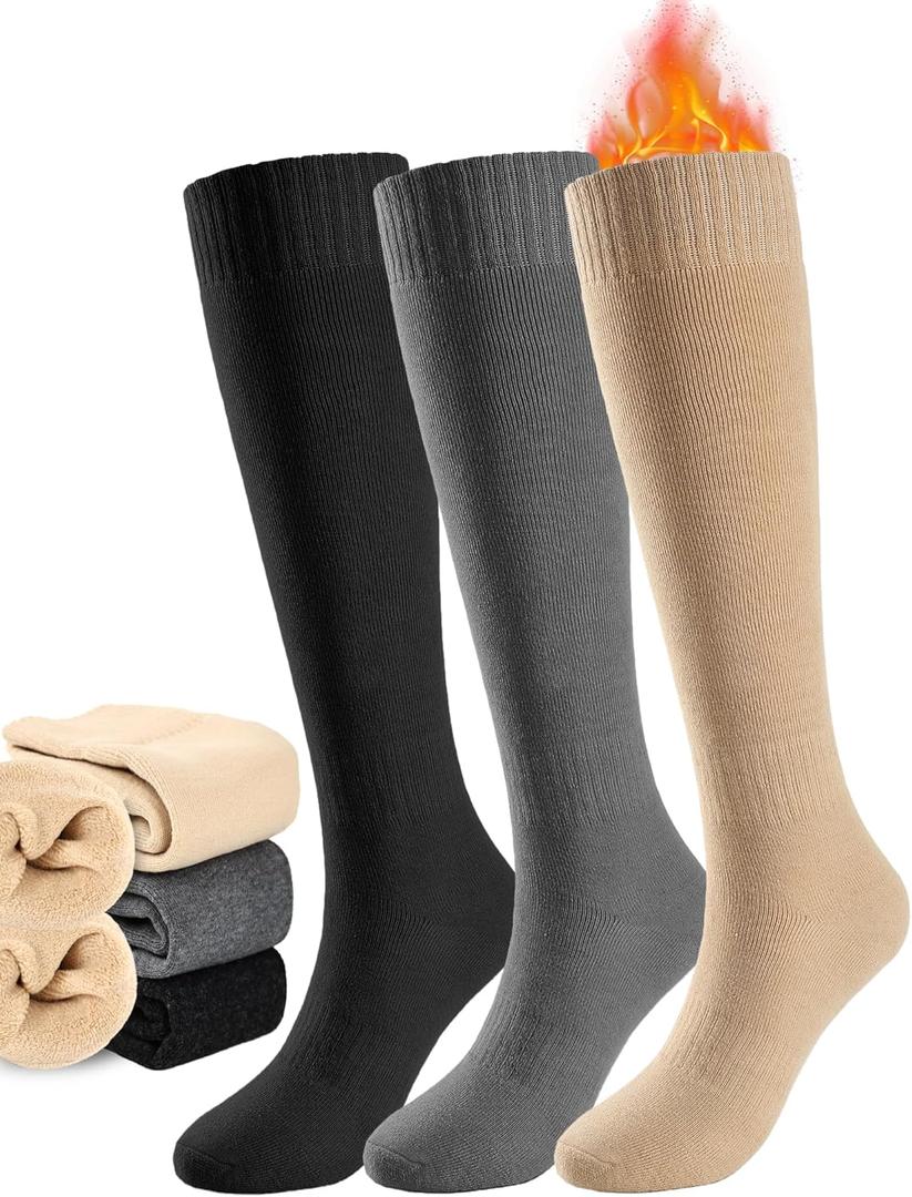 Buauty Warm Knee High Socks Women Winter Thermal Cotton 3 piece Socks Long Casual Thick for Boot,Hiking, Skiing, Gifts, Work (One Size, Black, Grey and Brown)