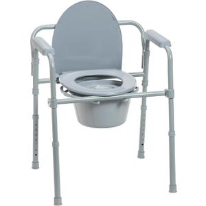 Drive Medical Folding Steel Bedside Commode Chair - Portable 3-in-1 Toilet Solution - Adjustable Height - 7.5 Qt Bucket Included - Durable Powder-Coated Steel Frame - Supports up to 350 Lb (Grey)