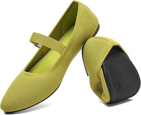 HEAWISH Women's Ballet Flat Shoes Mary Jane Pointed Toe Mesh Flats,Comfortable Slip on Ladies Shoe with Adjustable Strap,Casual Office Dress Flats for Work(Viridis,US8.5)