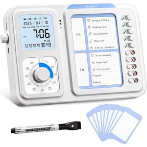 3-in-1 Visual Timer & ADHD Tool for Kids|Adults, Task Timer with Chore Chart Board, Visual Schedule for Kids with Autism, Daily Checklist for Home, School, Classroom, Desk (White)