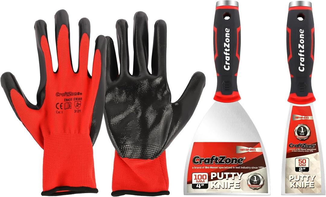 3 Piece Putty Knife & Gloves Set - 2" & 4" Stainless Steel Scraper Tool for Wall Repair Paint Scraper Art Auto & Kitchen Rustproof Durable with Non-Slip Grip DIY Contractors Renters (Gloves Included)
