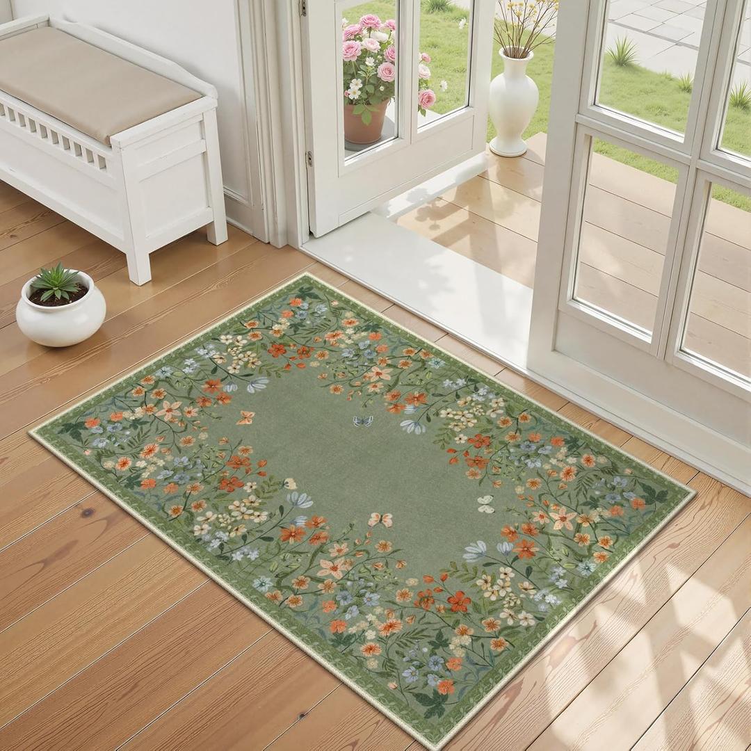 Wonnitar 2x3 Boho Bathroom Rugs Non Slip Washable Kitchen Rug, Green Floral Small Area Rugs for Entryway, Low Pile Soft Door Mat Indoor Entrance Throw Carpet for Bedside Laundry Room (Green, 2'x3')