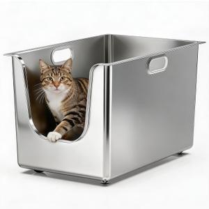 Stainless Steel Litter Box 13.7'' High Sides, XL Metal Cat Litter Box with Curved Low Entry, Cat Litter Pan for Big & Multiple Cats, Pet Toilet with Handy Wheels for Easy Moving