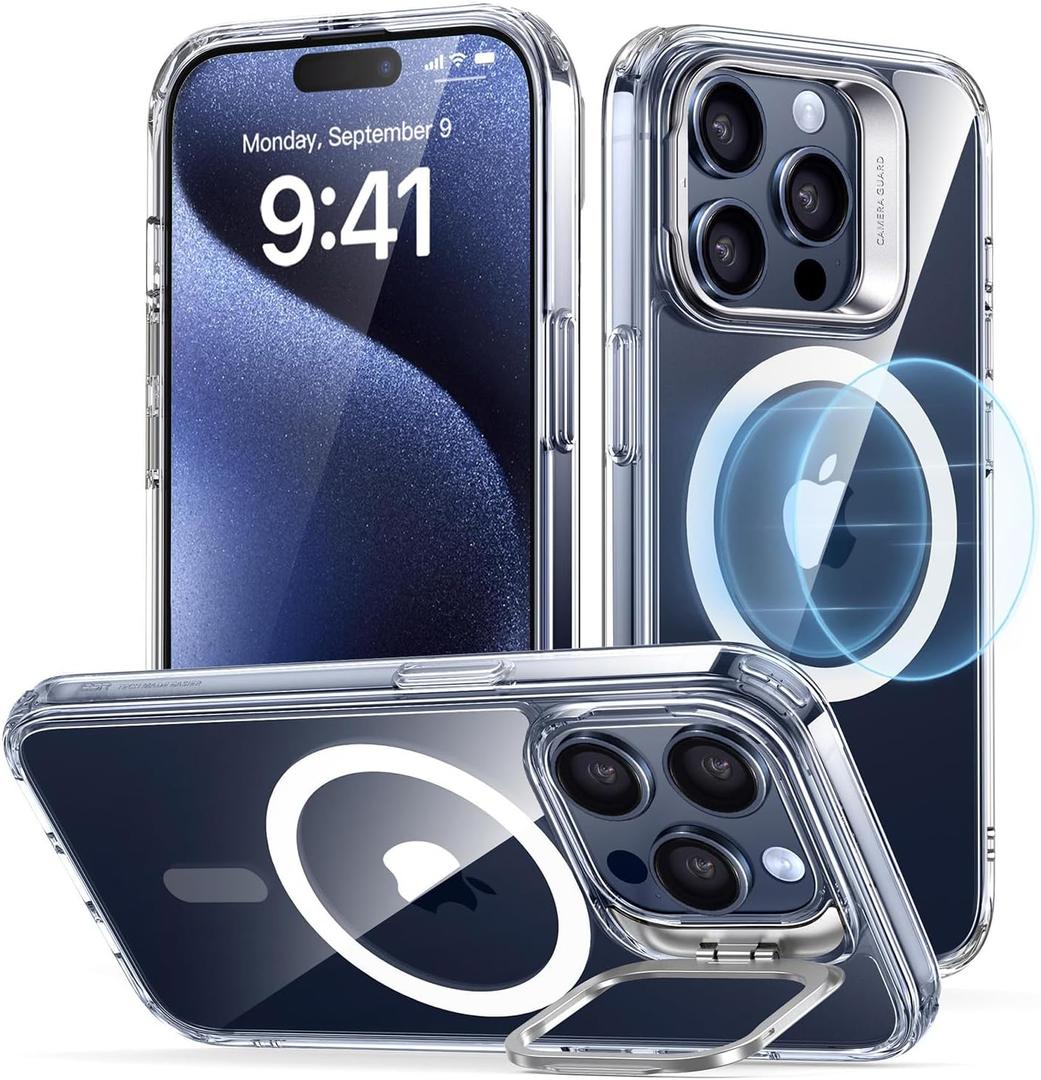 ESR for iPhone 15 Pro Case, Compatible with MagSafe, Military-Grade Protective Clear Case for iPhone 15 Pro,Built-in Stash Stand Phone Case, Scratch-Resistant Back Cover, Classic Series,Clear