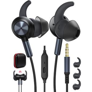 TOPAUX 3.5mm Jack Earphone 5FT Wired Earbuds Anti-Loose Wingtip Noise Canceling in-Ear Headphone Mute Mic School Supply PC Computer Corded Headset for Chromebook Laptop,for Moto G Stylus Play Power (Black)